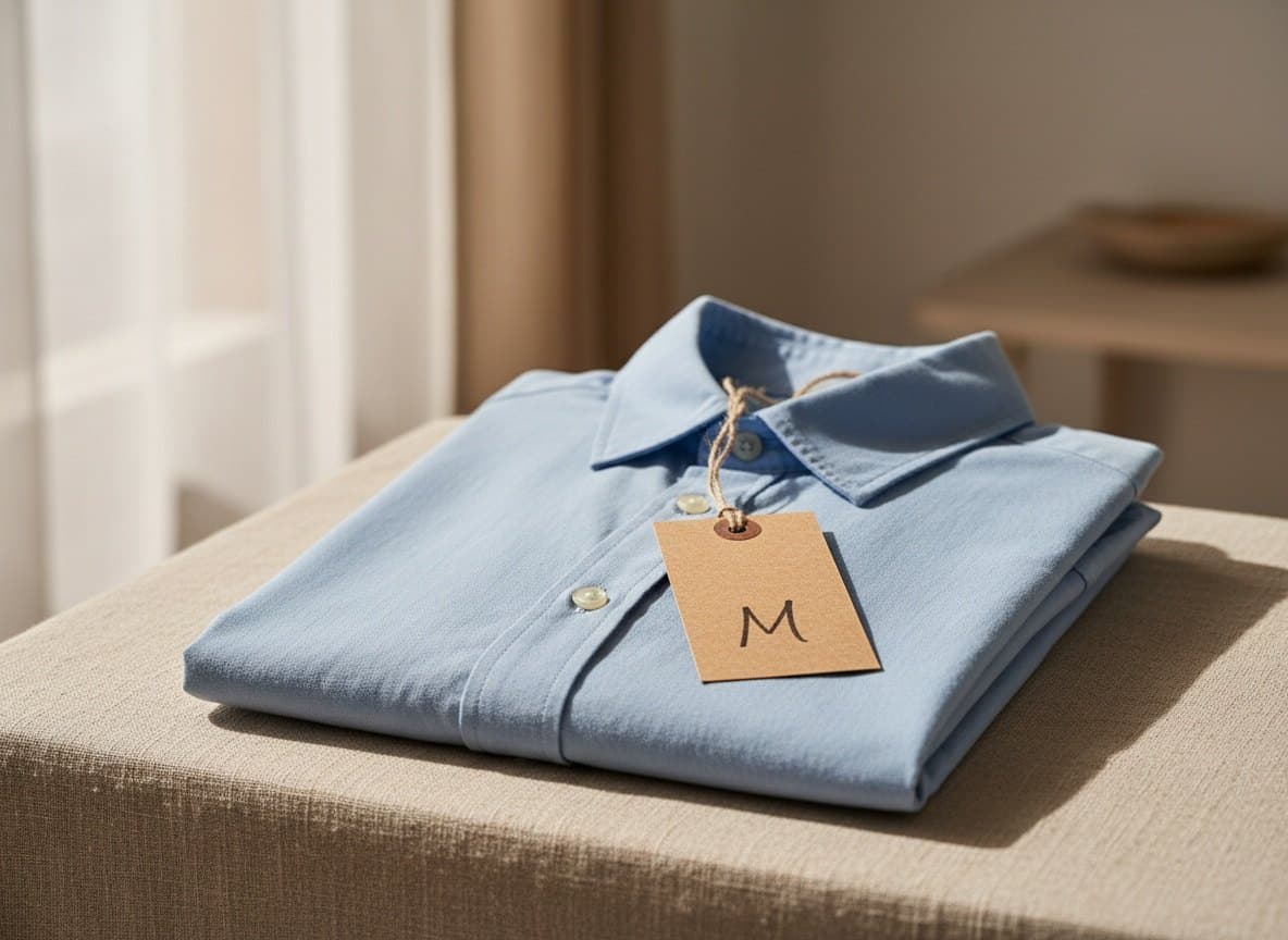 A folded light-blue shirt with a size M tag