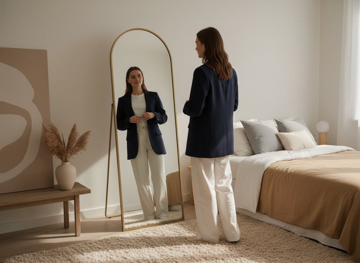 A woman checking her outfit in a tall mirror