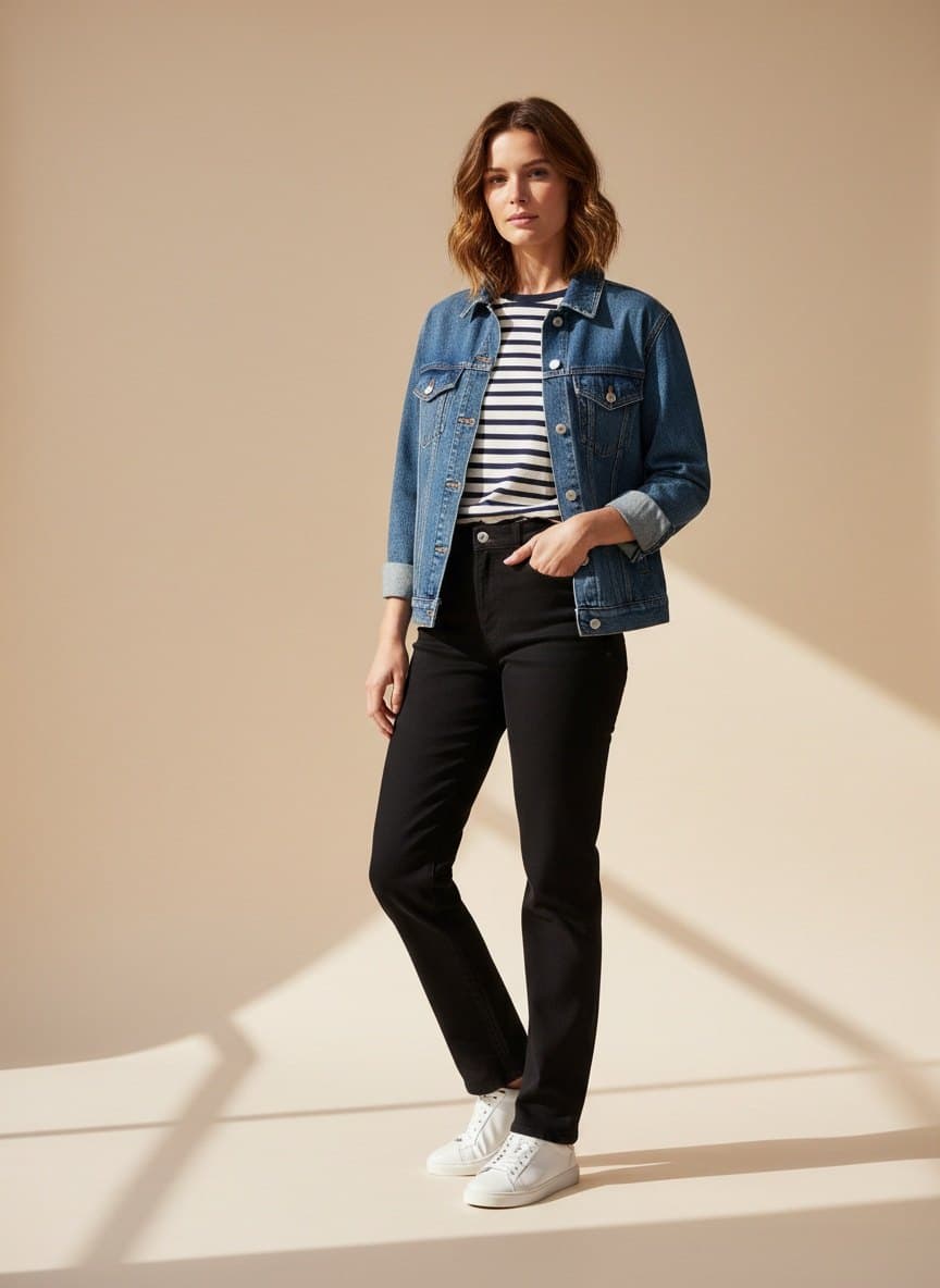 Outfit: denim jacket over a striped tee
